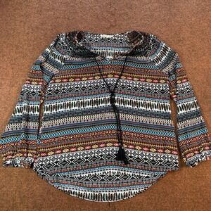 RuffHewn Womens PS Petite Small Multi Color Tribal Print Tassel Tie Blouse Top